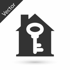 Grey House with key icon isolated on white background. The concept of the house turnkey. Vector