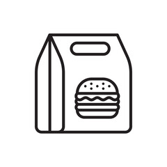 Hamburger in paper bag icon, Takeaway fast food logo, Outline flat design on white background, Vector illustration