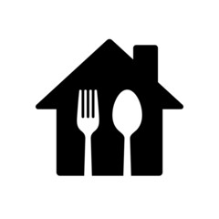 Fototapeta premium Home with spoon and fork icon, House cooking logo, Homemade food concept, Vector illustration