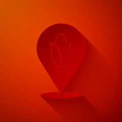 Paper cut Location corn icon isolated on red background. Paper art style. Vector