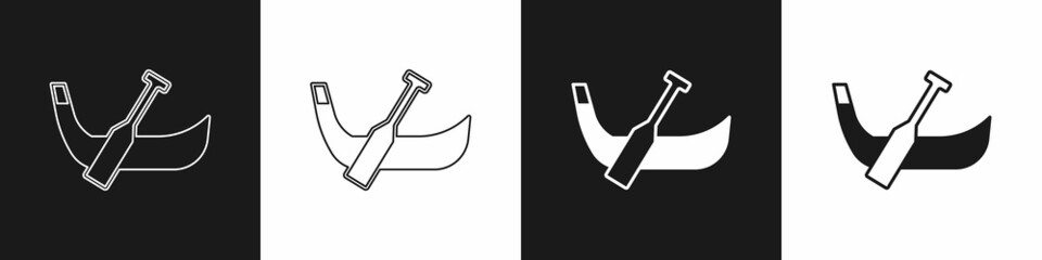 Set Gondola boat italy venice icon isolated on black and white background. Tourism rowing transport romantic. Vector