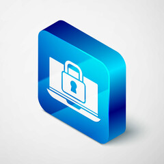 Isometric Laptop and lock icon isolated on grey background. Computer and padlock. Security, safety, protection concept. Safe internetwork. Blue square button. Vector