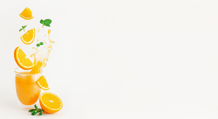 Orange slices and mint flying over the glass of splashing fresh juice. Healthy lifestyle concept.