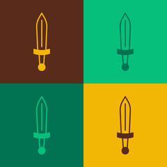 Pop art Medieval sword icon isolated on color background. Medieval weapon. Vector