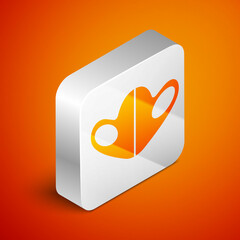 Isometric Medical protective mask icon isolated on orange background. Silver square button. Vector.