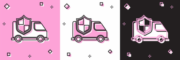 Set Car with shield icon isolated on pink and white, black background. Insurance concept. Security, safety, protection, protect concept. Vector.