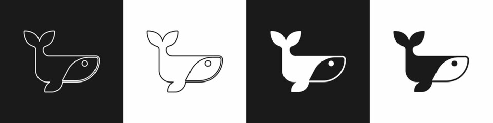 Set Whale icon isolated on black and white background. Vector