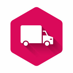 White Delivery cargo truck vehicle icon isolated with long shadow. Pink hexagon button. Vector