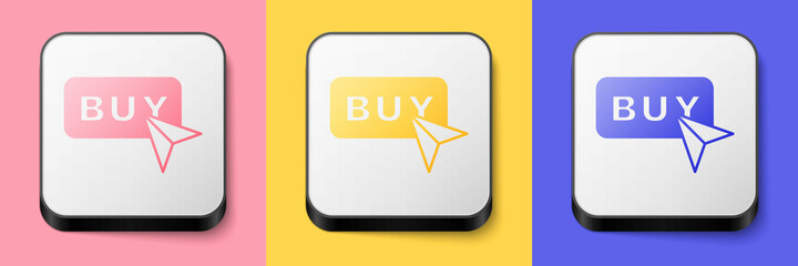 Isometric Buy button icon isolated on pink, yellow and blue background. Square button. Vector