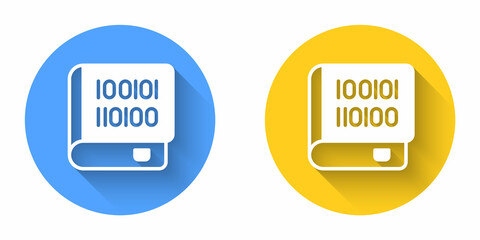 White Books about programming icon isolated with long shadow background. Programming language concept. PHP, CSS, XML, HTML, Javascript learning. Circle button. Vector
