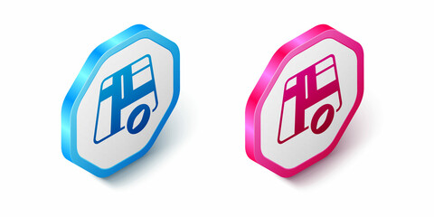 Isometric Map pointer with taxi car icon isolated on white background. Location symbol. Hexagon button. Vector