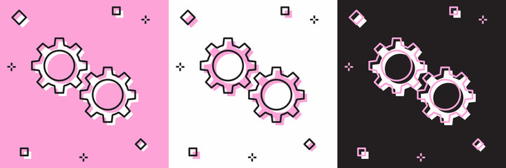 Set Gear icon isolated on pink and white, black background. Cogwheel gear settings sign. Cog symbol. Vector