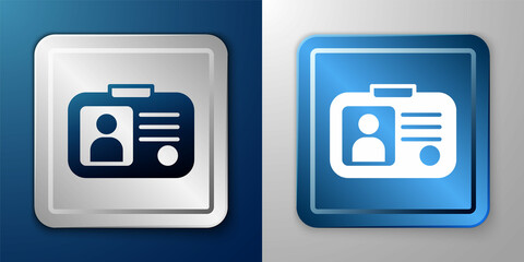 White Taxi driver license icon isolated on blue and grey background. Silver and blue square button. Vector