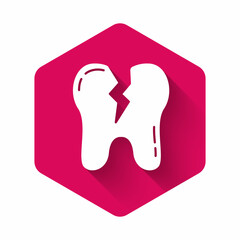 White Broken tooth icon isolated with long shadow. Dental problem icon. Dental care symbol. Pink hexagon button. Vector