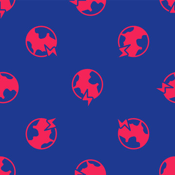 Red Global Energy Power Planet With Flash Thunderbolt Icon Isolated Seamless Pattern On Blue Background. Ecology Concept And Environmental. Vector