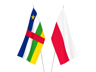 National fabric flags of Central African Republic and Poland isolated on white background. 3d rendering illustration.