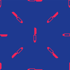 Red Knife icon isolated seamless pattern on blue background. Cutlery symbol. Vector