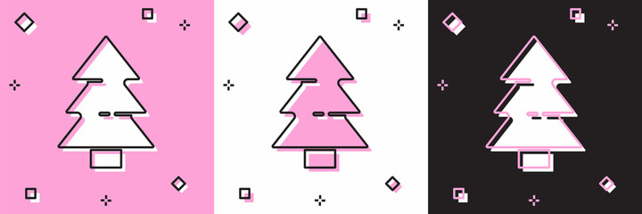 Set Christmas tree icon isolated on pink and white, black background. Merry Christmas and Happy New Year. Vector