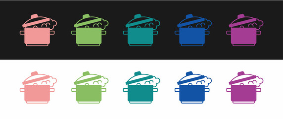 Set Cooking pot icon isolated on black and white background. Boil or stew food symbol. Vector