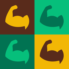 Pop art Bodybuilder showing his muscles icon isolated on color background. Fit fitness strength health hobby concept. Vector