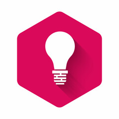 White Light bulb with concept of idea icon isolated with long shadow. Energy and idea symbol. Inspiration concept. Pink hexagon button. Vector