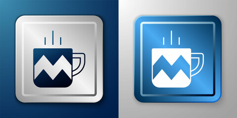 White Cup of tea icon isolated on blue and grey background. Silver and blue square button. Vector