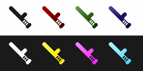 Set Police rubber baton icon isolated on black and white background. Rubber truncheon. Police Bat. Police equipment. Vector