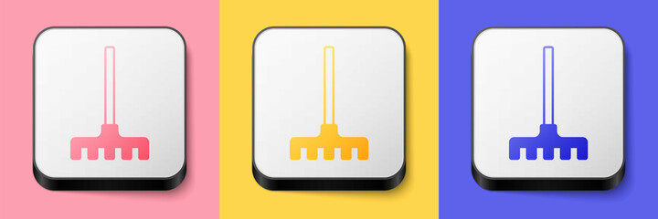 Isometric Garden rake icon isolated on pink, yellow and blue background. Tool for horticulture, agriculture, farming. Ground cultivator. Housekeeping equipment. Square button. Vector