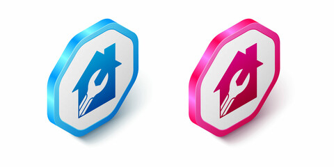 Isometric House or home with wrench spanner icon isolated on white background. Adjusting, service, setting, maintenance, repair, fixing. Hexagon button. Vector