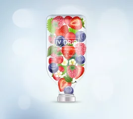 Fotobehang IV Drip Vitamin berry infusion therapy. Different fruit vegetable inside saline bag. Food rich in vitamin. Natural products containing vitamins, dietary fiber and minerals healthy. Realistic 3D vector © Adisak