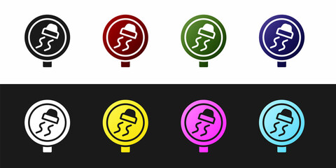 Set Slippery road traffic warning icon isolated on black and white background. Traffic rules and safe driving. Vector