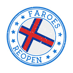 Faroes Reopening Stamp. Round badge of the country with the flag of the Faroe Islands. Reopening after lockdown sign. Vector illustration.