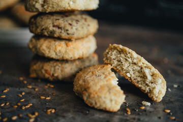 Oats cookies over black background