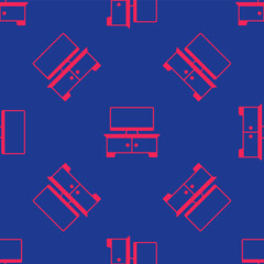 Red TV table stand icon isolated seamless pattern on blue background. Vector