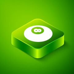 Isometric Billiard pool snooker ball with number 8 icon isolated on green background. Green square button. Vector