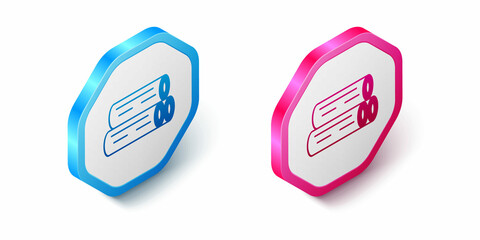 Isometric Wooden log icon isolated on white background. Stack of firewood. Hexagon button. Vector
