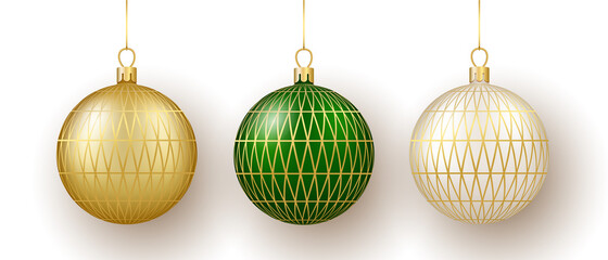 Christmas and New Year decor. Set of gold, white and green ornament balls on ribbon.