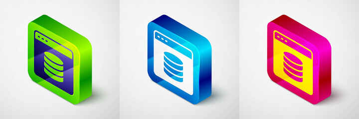 Isometric Server, Data, Web Hosting icon isolated on grey background. Square button. Vector