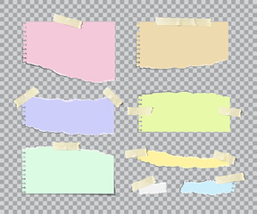 Torn paper strips of different colors and shapes with sticky tape set, sheet pieces