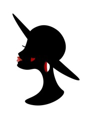 Silhouette of a young African woman in a hat. Female character with dark skin. Portrait of a cute African American girl. Half face in profile. Social media avatar. Isolated flat cartoon vector style