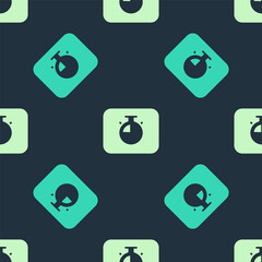 Green and beige Stopwatch icon isolated seamless pattern on blue background. Time timer sign. Chronometer sign. Vector