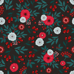 Flower and berries Christmas Seamless pattern vector background, digital paper for textile, fabric, wrapping paper, wallpaper, stationery
