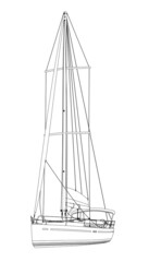 Outline of a yacht with a sail of black lines isolated on a white background. Perspective view. 3D. Vector illustration