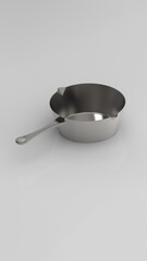 a pot with silver metal handle on gray background. close-up. slab. Vertical image. 3D image. 3D...