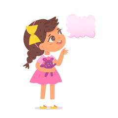Cute kid with empty speech bubble conversation, girl in pink dress with dialog balloon