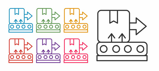 Set line Conveyor belt with cardboard box icon isolated on white background. Set icons colorful. Vector