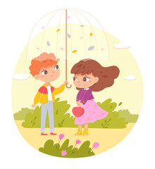 Girl and boy standing under umbrella at autumn, two friends enjoying sunny dry weather