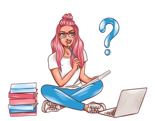 illustration of young woman with pink hair and glasses studying with books and laptop