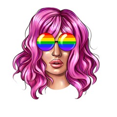 Illustration of portrait of attrective caucasian woman with pink hair and rainbow glasses isolated on white