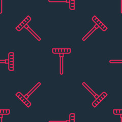 Red line Garden rake icon isolated seamless pattern on black background. Tool for horticulture, agriculture, farming. Ground cultivator. Housekeeping equipment. Vector